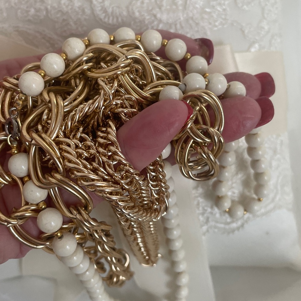 Gold Multi-Strand Multi Length Necklace w/White Beads - Women Jewelry - Trio set - Picture 11 of 11